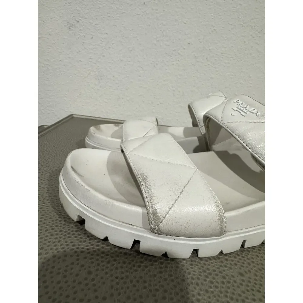 Prada Quilted Monolith Slung back Leather Sandal Sport Nappa Leather White Sz 38